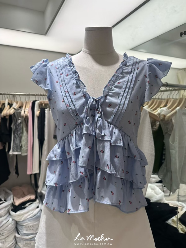 V領碎花綁帶蛋糕上衣